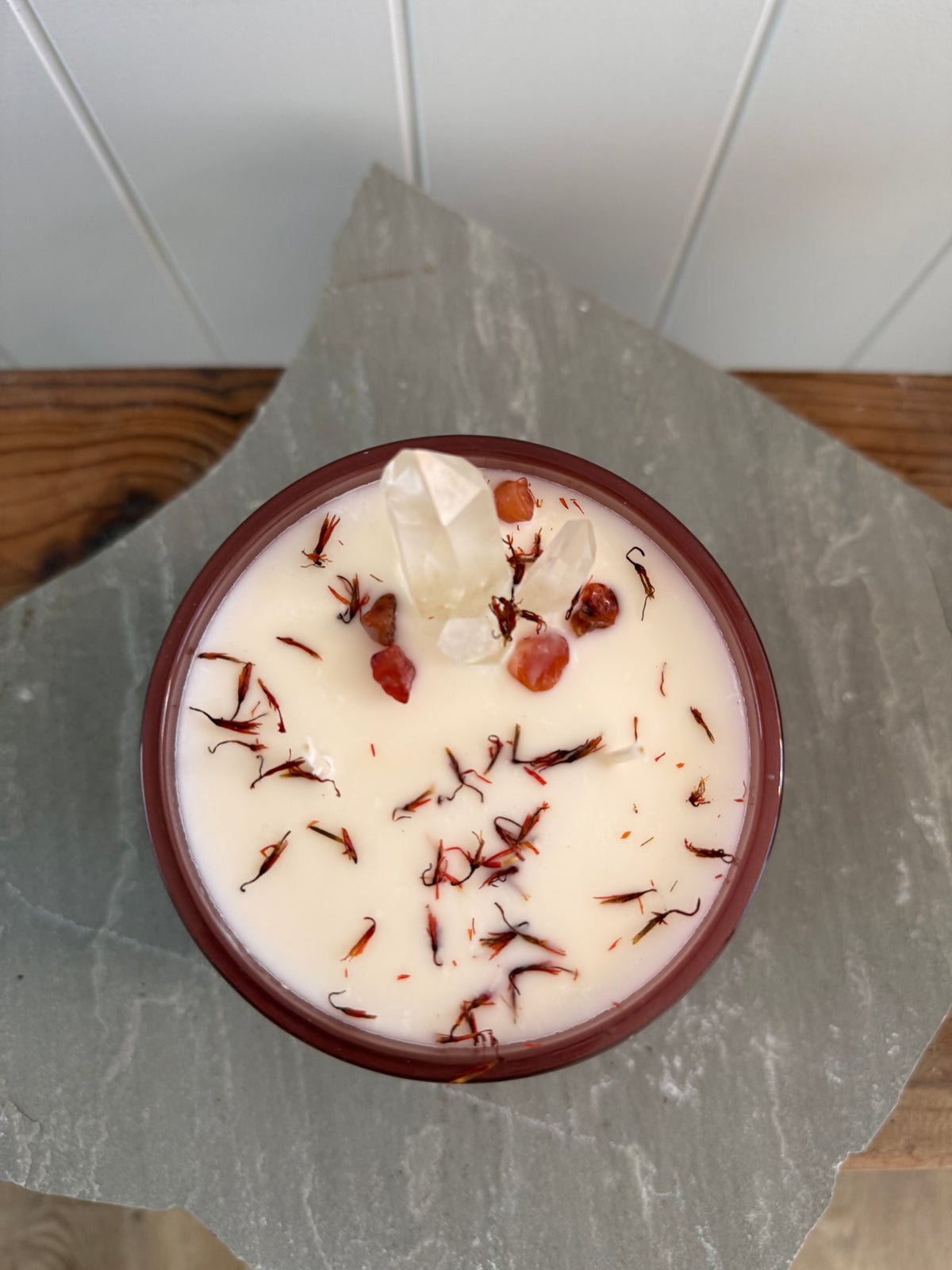 She is- carnelian and clear quartz candle