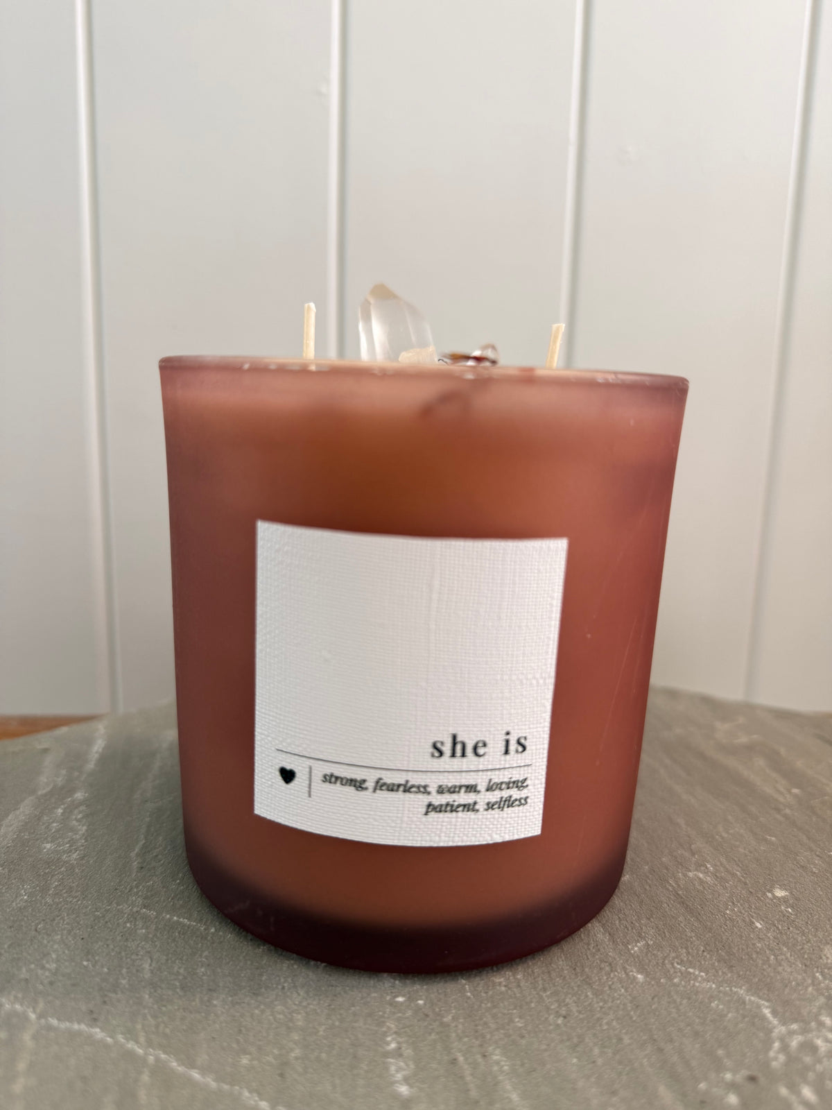 She is- carnelian and clear quartz candle