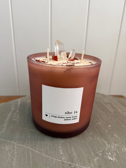 She is- carnelian and clear quartz candle